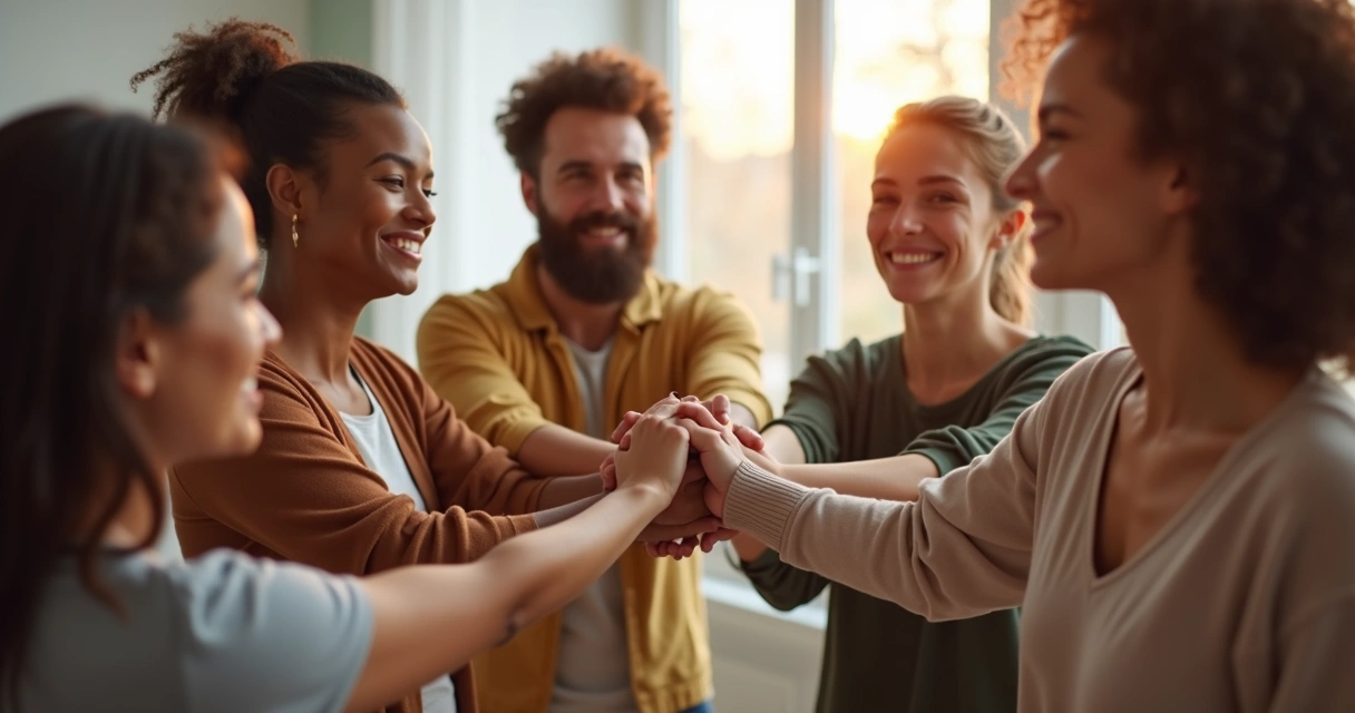 Personas en círculo, mostrándose apoyo mutuo y sonriendo, sobre fondo cálido y claro 