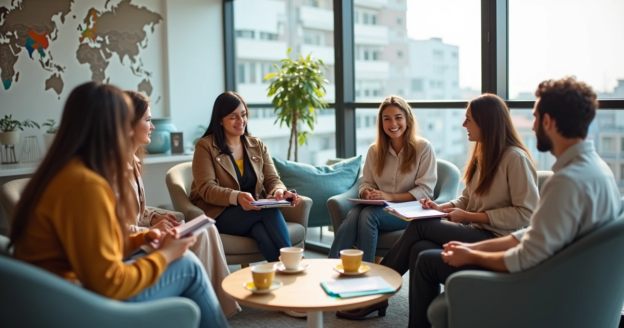 Grupo diverso de pessoas conversando em círculo em ambiente urbano moderno 