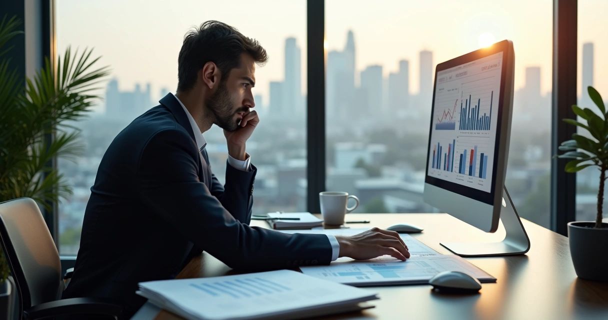 Líder sentado em mesa de escritório olhando para gráficos e planejando ações em meio a crise
