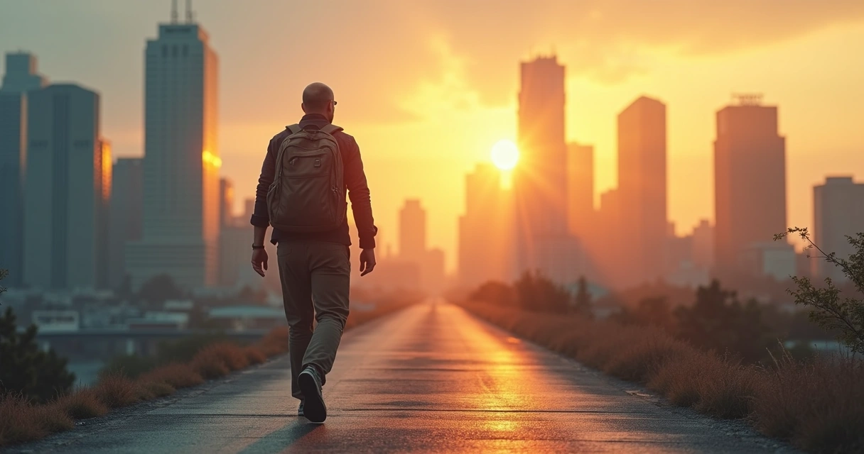 Homem caminhando com mochila entre duas cidades representando mudança 