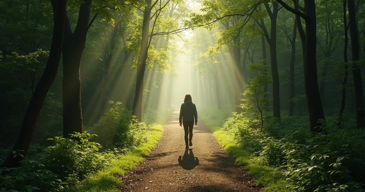 Pessoa caminhando sozinha em uma trilha cercada por árvores e luz suave do sol 