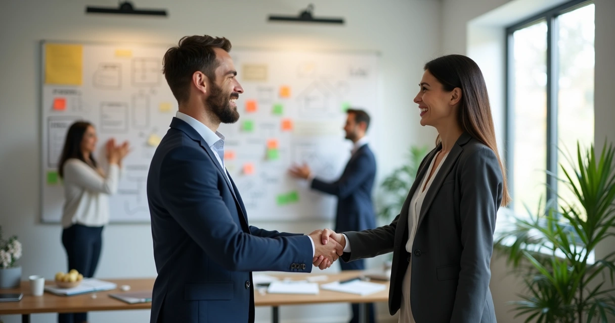 Homem e mulher sorrindo após desafio no ambiente de trabalho. 