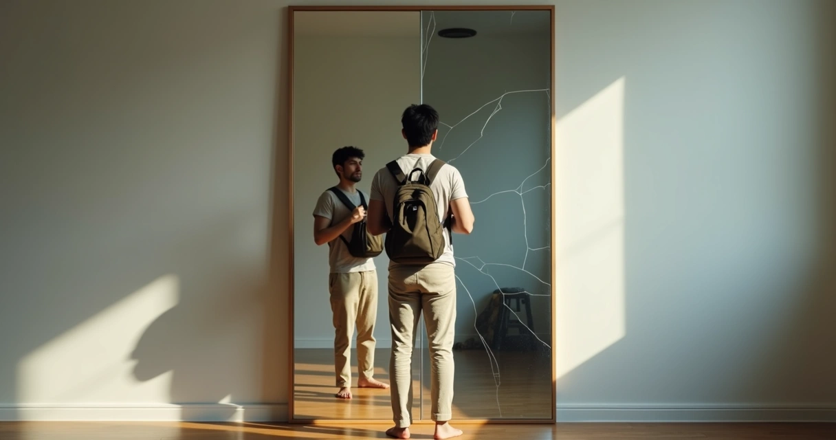 Pessoa diante de espelho quebrado vendo reflexos distintos de si mesma 
