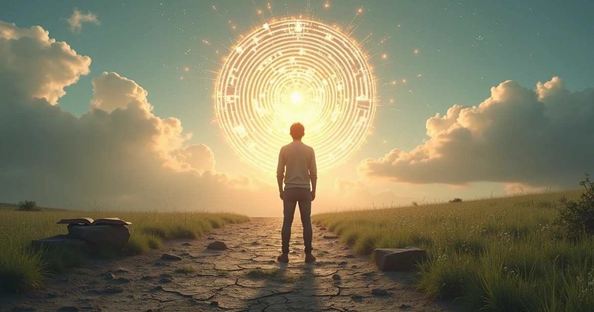 Persona de pie entre ruinas y naturaleza analizando un laberinto luminoso en el cielo 