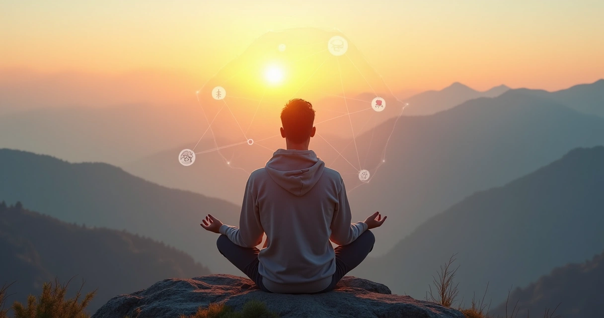 Pessoa sentada em montanha meditando diante de amanhecer 