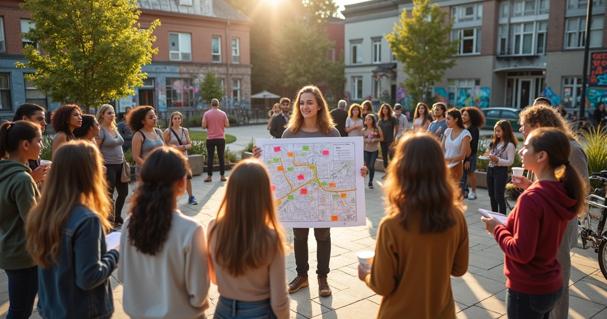 Vecinos de un barrio urbano formando un círculo unidos en una plaza 