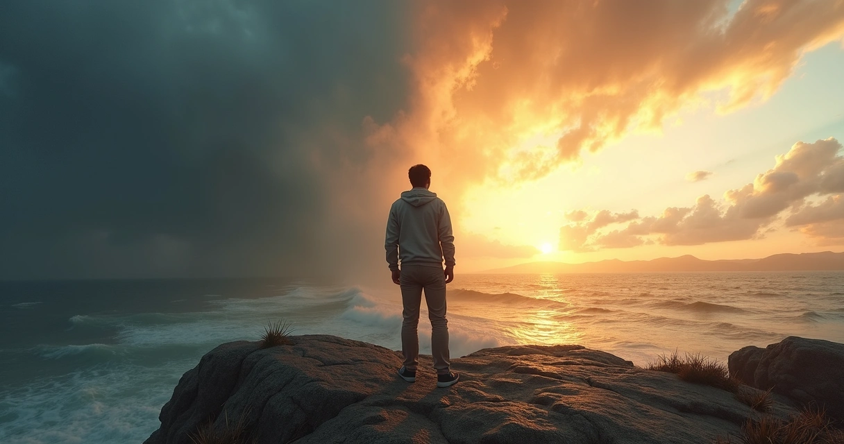 Pessoa em pé na beira de um penhasco olhando um horizonte com céu dividido entre tempestade e céu claro 