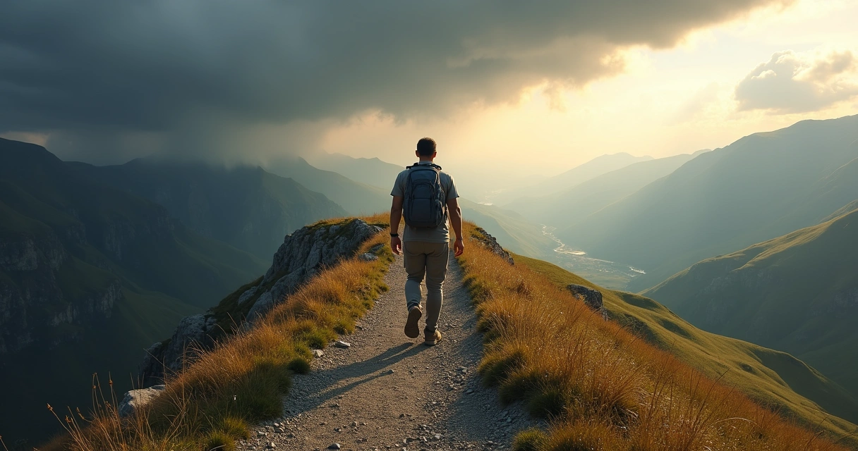 Pessoa caminhando em trilha de montanha com paisagem dividida entre tempestade e céu ensolarado 
