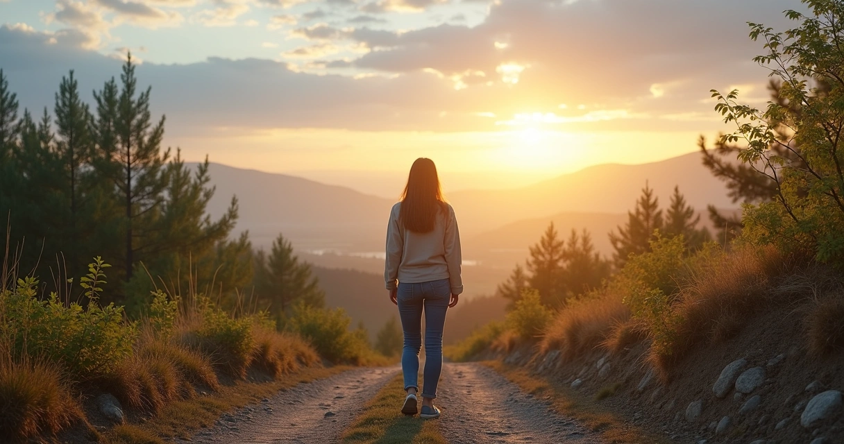 Mulher em encruzilhada escolhendo entre caminho luminoso e caminho cinzento 