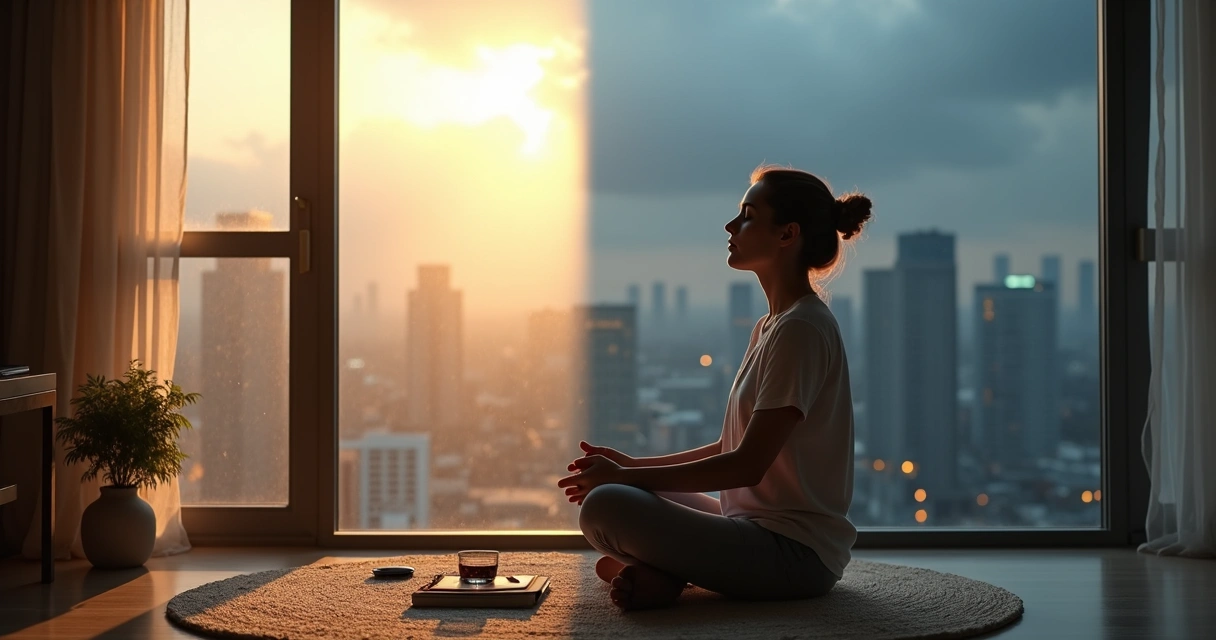 Mujer sentada frente a una ventana mostrando contraste entre calma interior y tormenta emocional exterior 