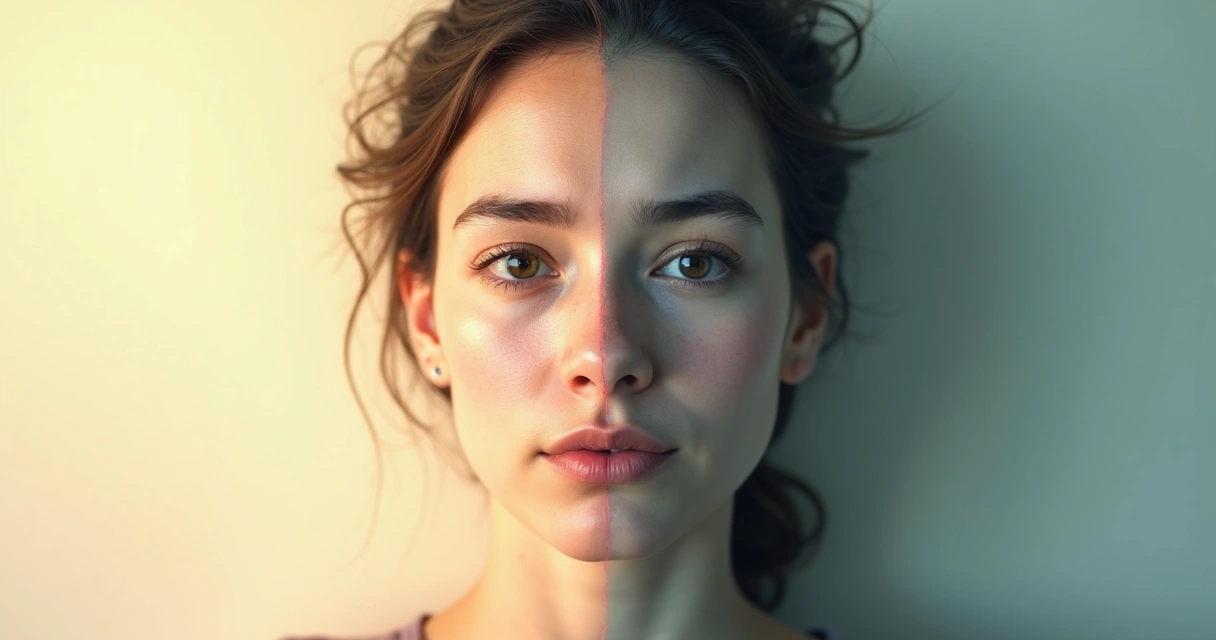 Mitad de rostro relajado y mitad de rostro tenso contrastando resiliencia y represión emocional 