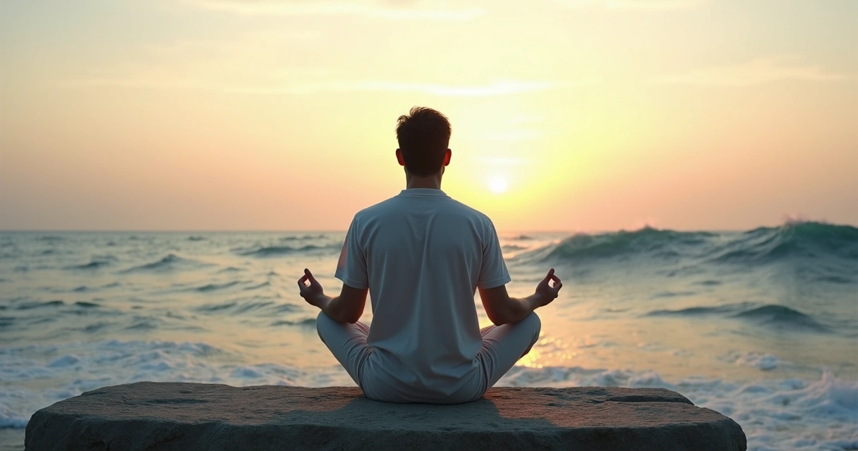 Pessoa sentada em equilíbrio sobre uma pedra entre ondas calmas e fortes no mar 