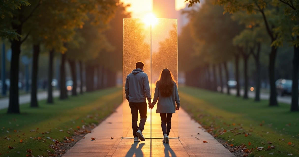 Casal separado por vidro rachado caminhando em direções opostas em parque urbano ao entardecer 