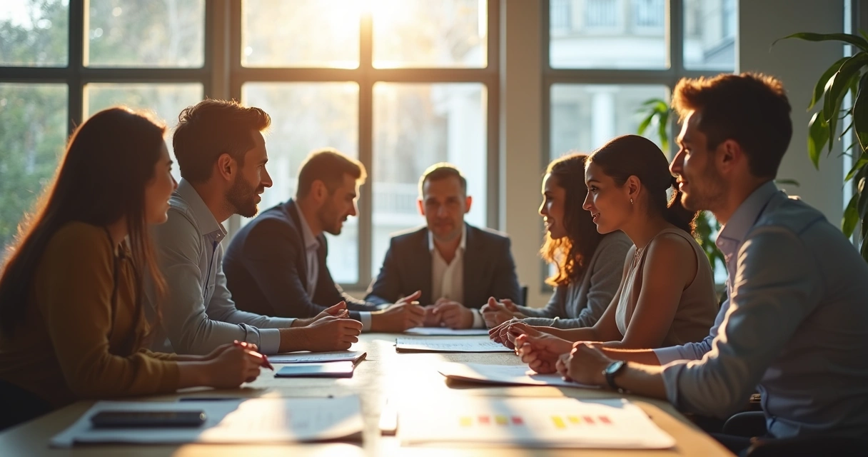 Business team working together around a table with graphs and papers 