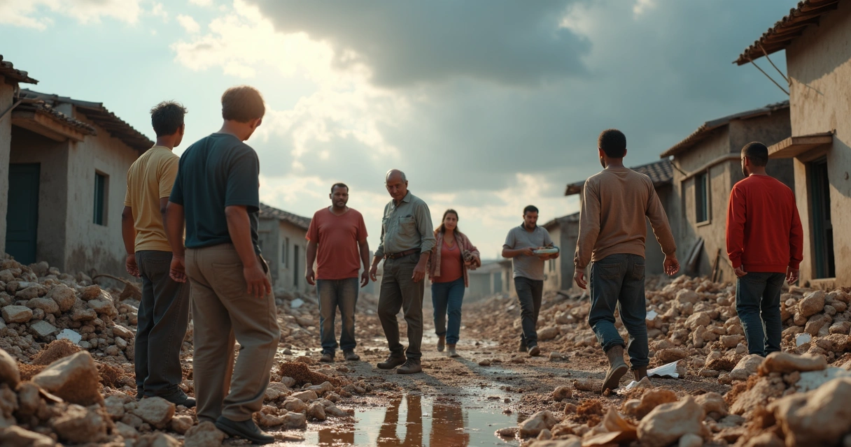 Community working together to rebuild homes and tend to each other after a disaster. 