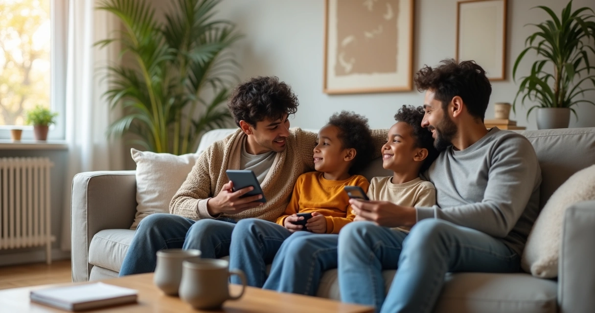 Diverse family sitting together on a sofa in a warm living room 