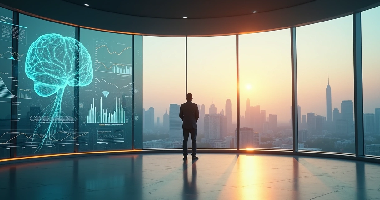 Policymaker in glass control room overlooking city with glowing brain diagram 