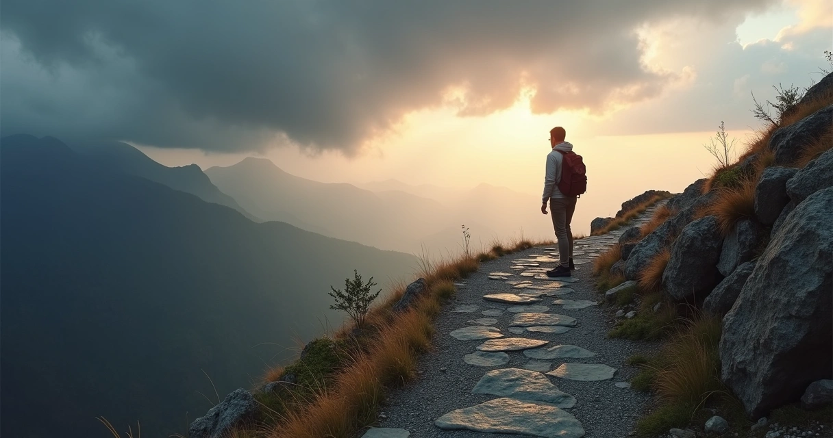 Person on mountain path facing changing weather symbolizing resilient mindset 