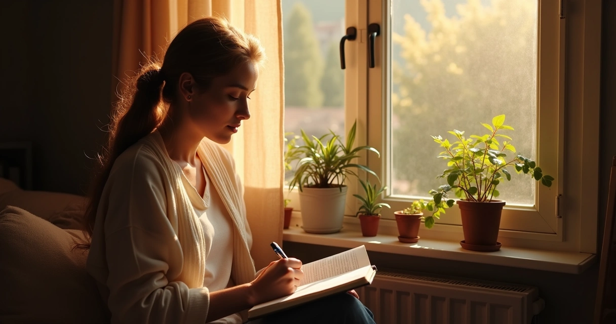 Person reflecting near a window with a journal and pen 