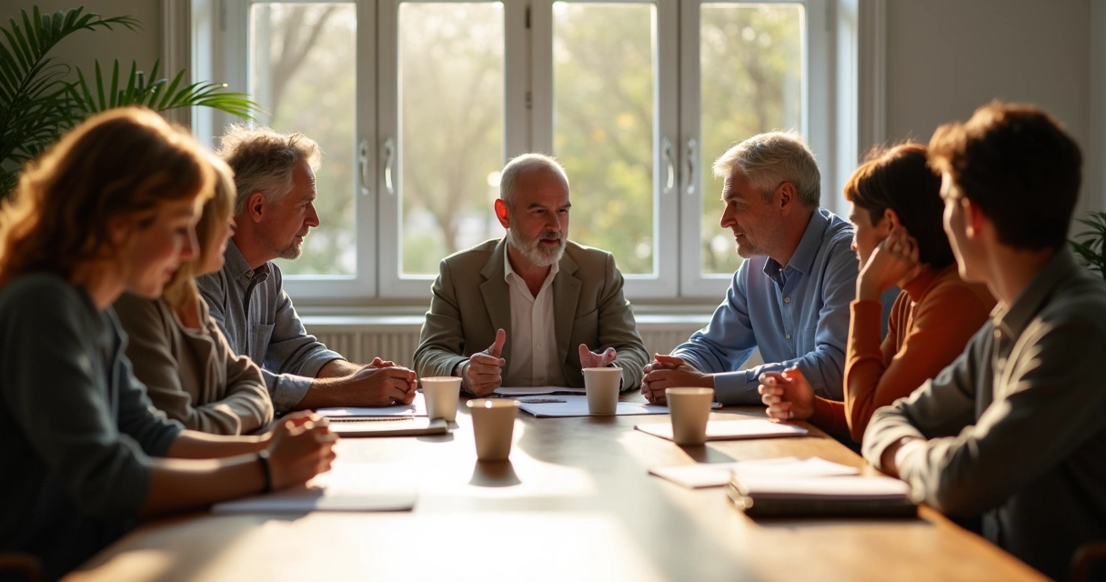 Group of people in a calm discussion with papers on the table 