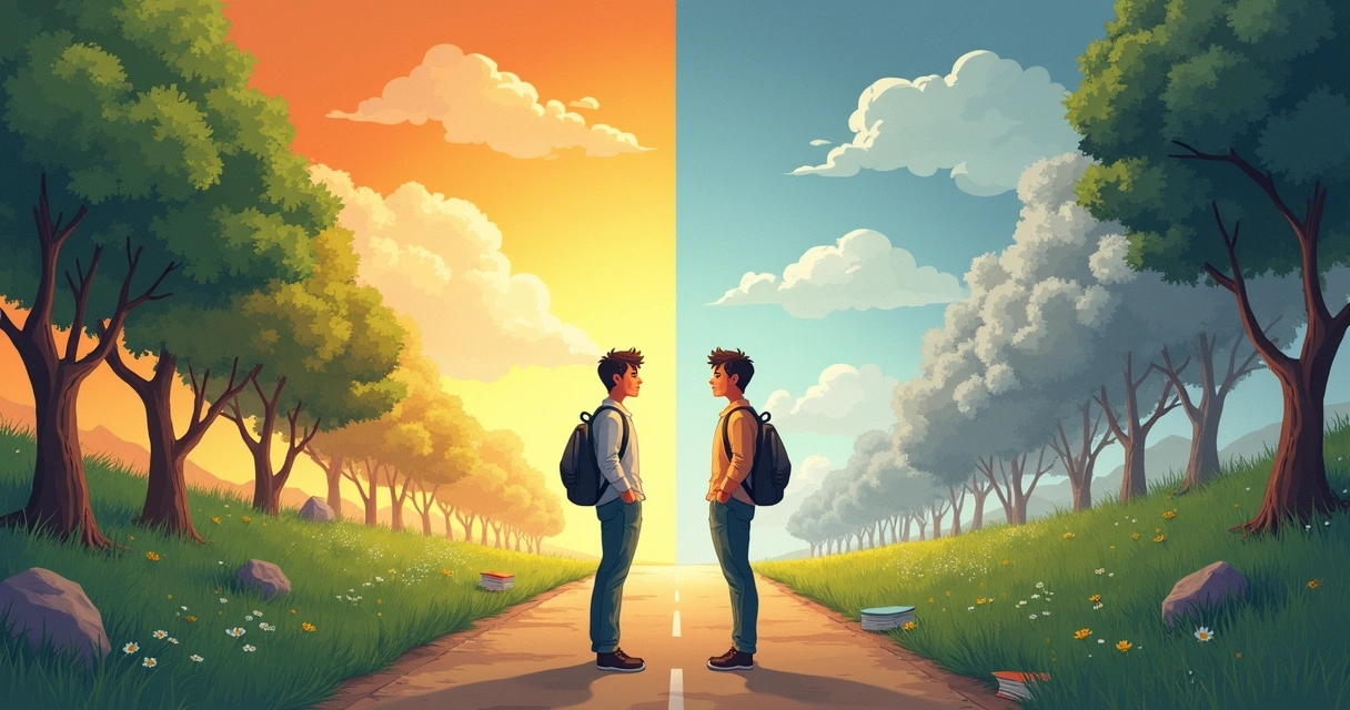 Split path with one showing growth through learning and reflection, the other through forced endurance 