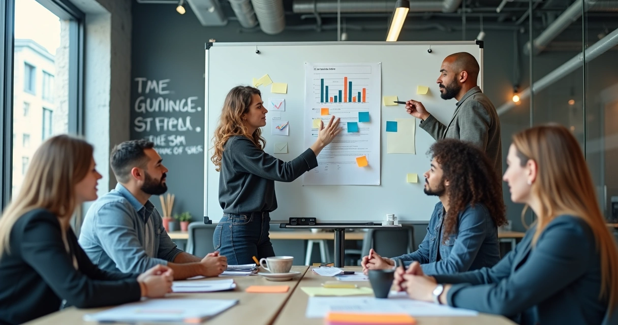 Team members gathered around whiteboard brainstorming after setback 