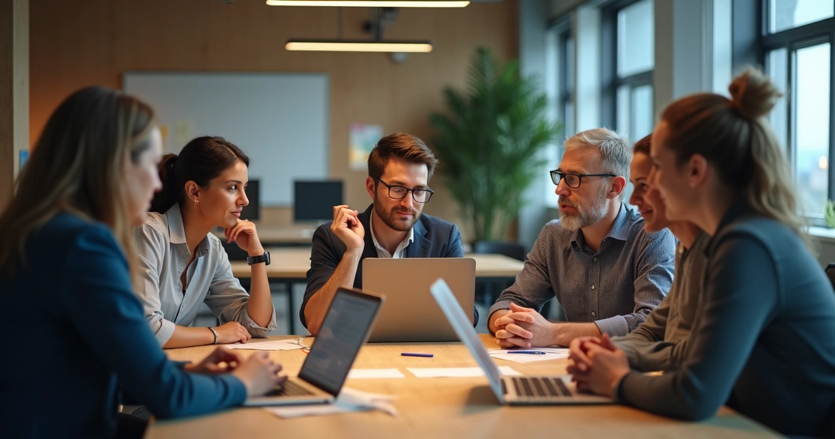 Team discussing setbacks with supportive body language, gathered around a table in an office