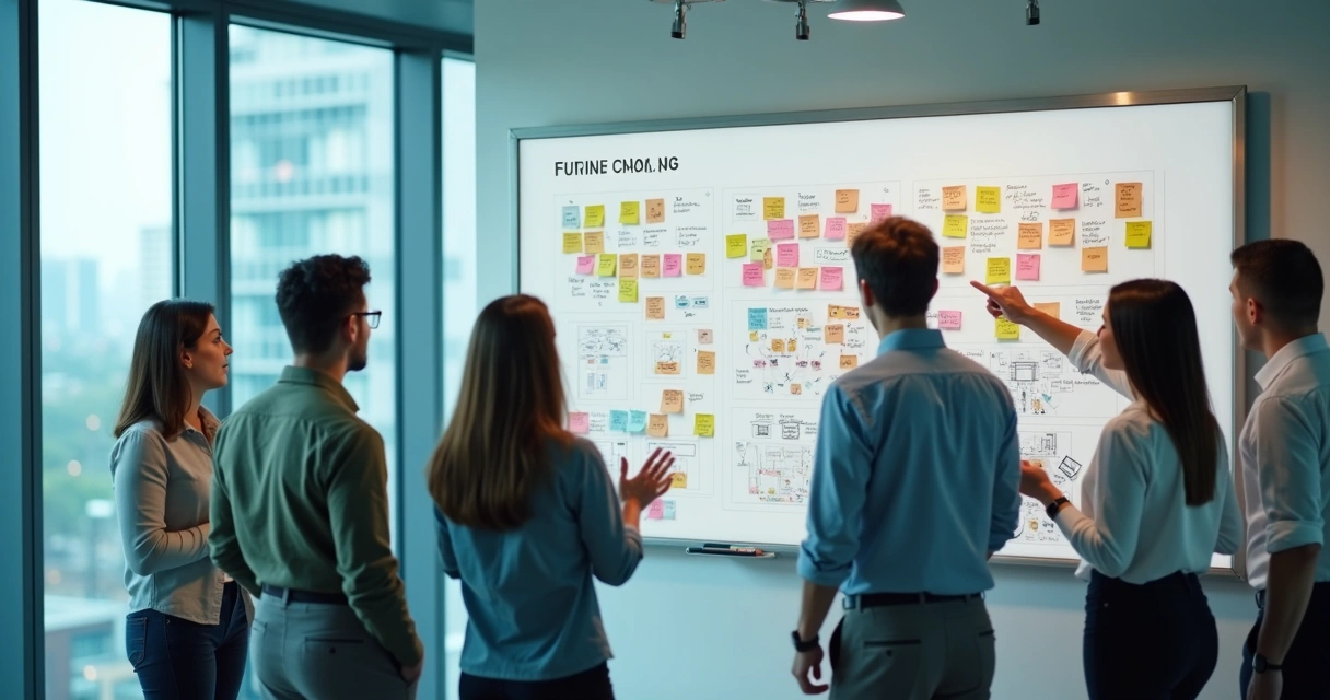 Diverse team engaged in scenario planning session 