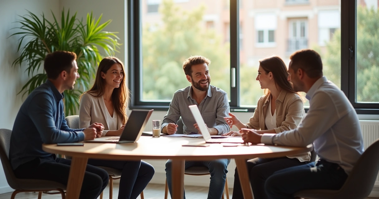 Team in diverse business attire discussing strategy at round table in bright open office 