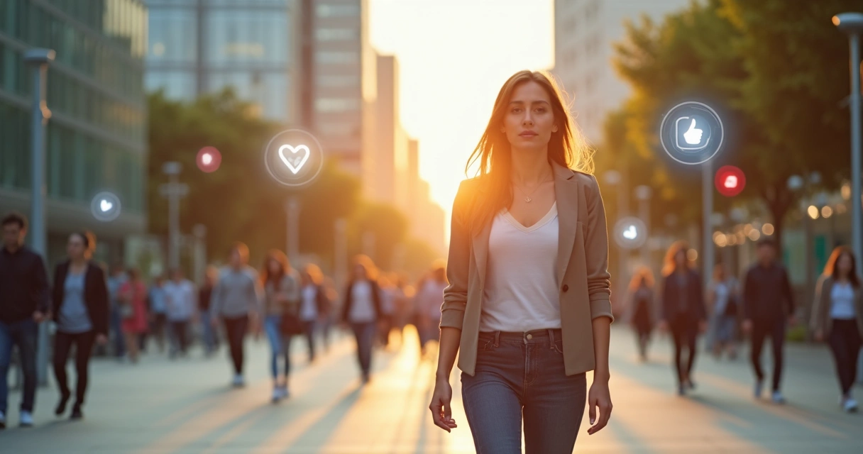 Woman calmly walking through a city while ignoring floating social media comparison icons 