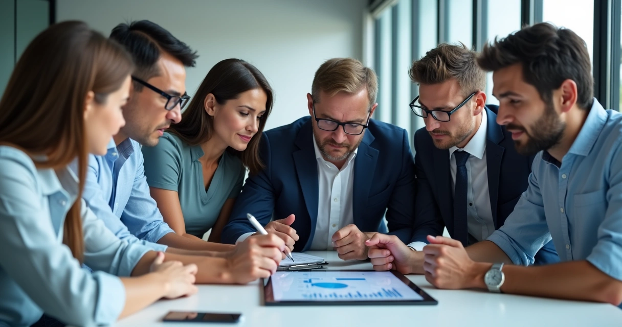 Equipe de escritório reunida ao redor de uma mesa, alguns membros demonstrando dúvida, outros atentos e curiosos