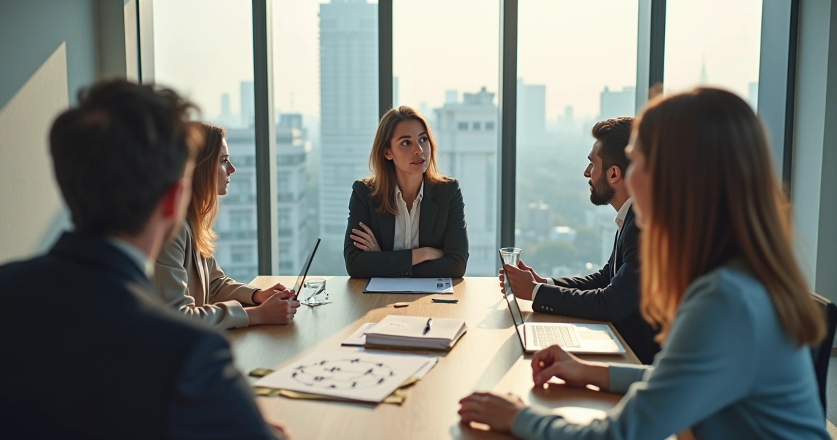 Profissional em reunião refletindo sobre autoconhecimento com colegas no escritório 