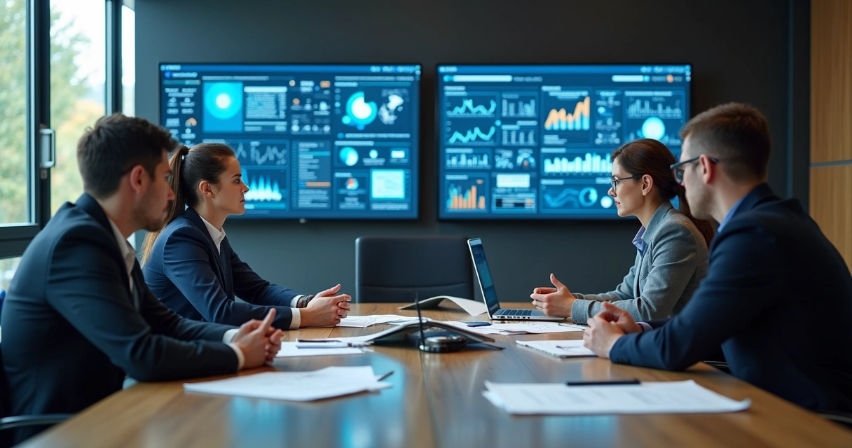 Grupo de profissionais discutindo dados em reunião corporativa 