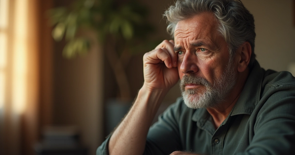 Adulto con expresión pensativa apoyando la cabeza en la mano