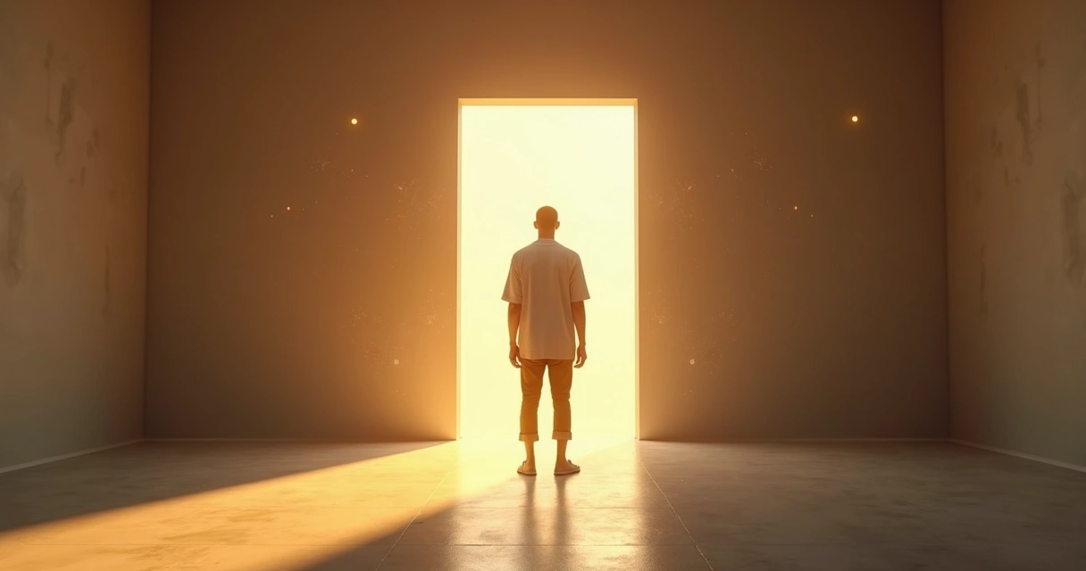 Persona frente a una puerta luminosa dudando entre avanzar o quedarse atrás 