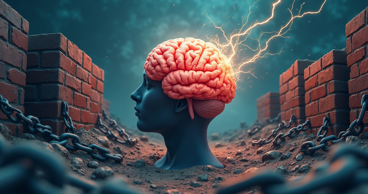 Representação artística de um cérebro humano cercado por barreiras simbólicas. 