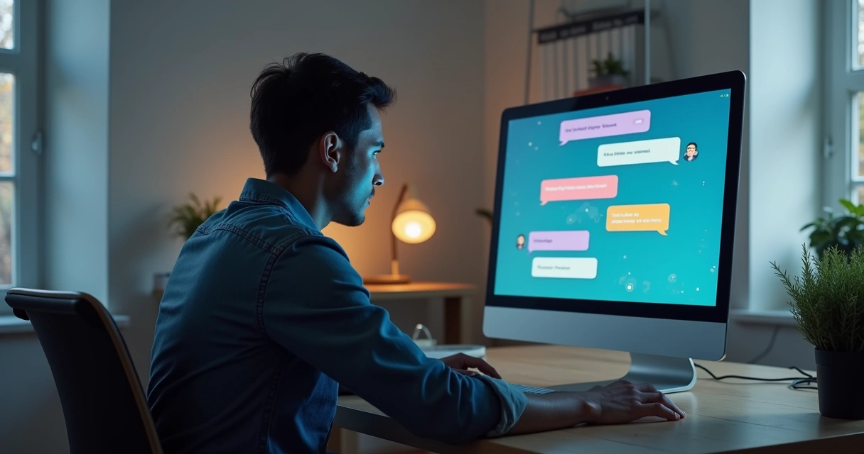 Usuário indeciso olhando para chatbot em tela de computador moderno 