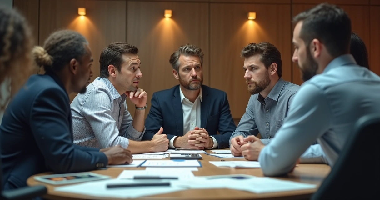 Equipe reunida em uma mesa de trabalho e expressando opiniões diferentes sobre mudança 