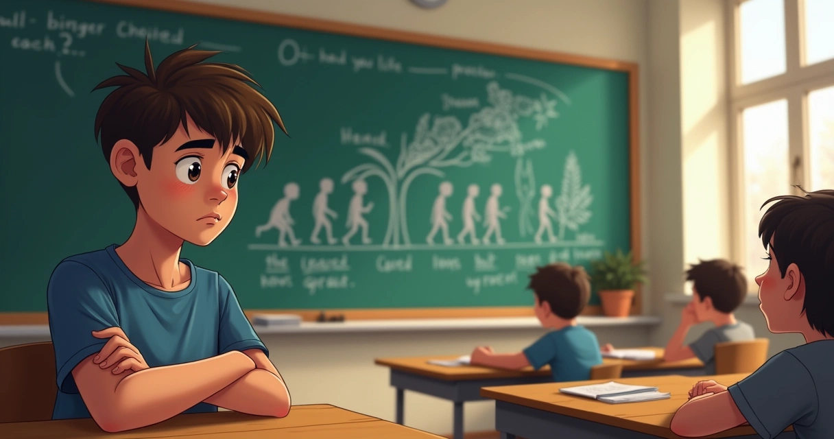 Estudante hesitante diante de quadro negro sobre evolução 