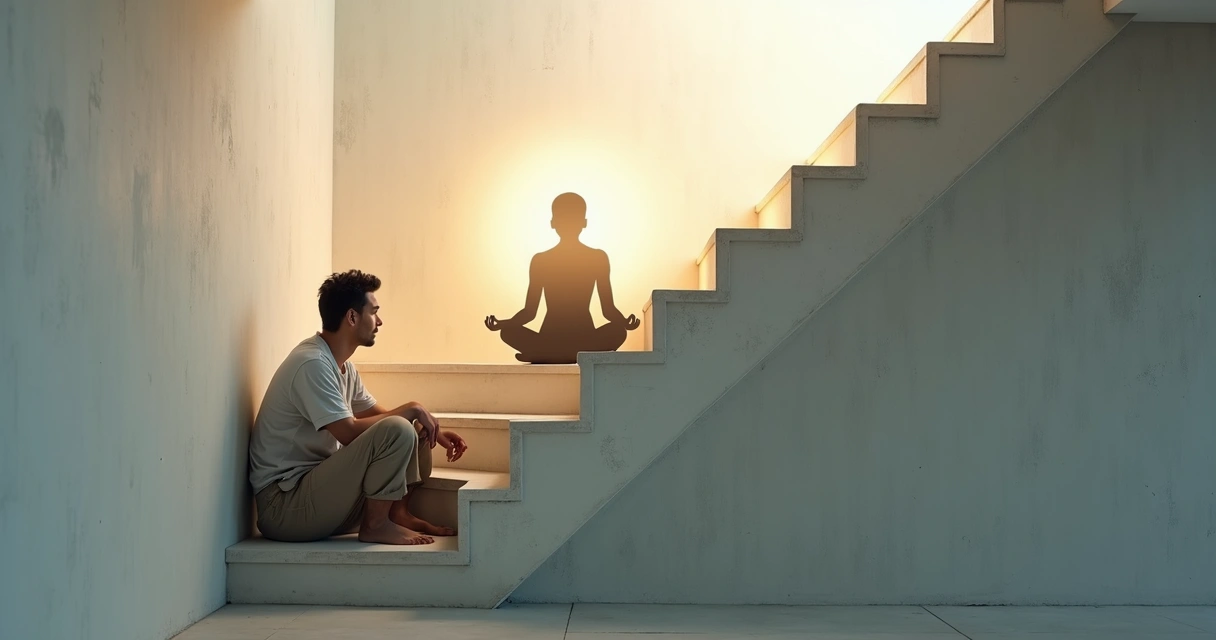 Pessoa sentada em escadas com silhueta brilhante subindo em direção à meditação 
