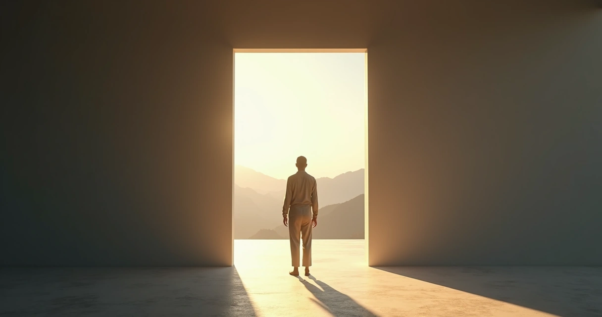 Pessoa em pé diante de um portal de luz simbolizando mudança profunda e resistência interna 