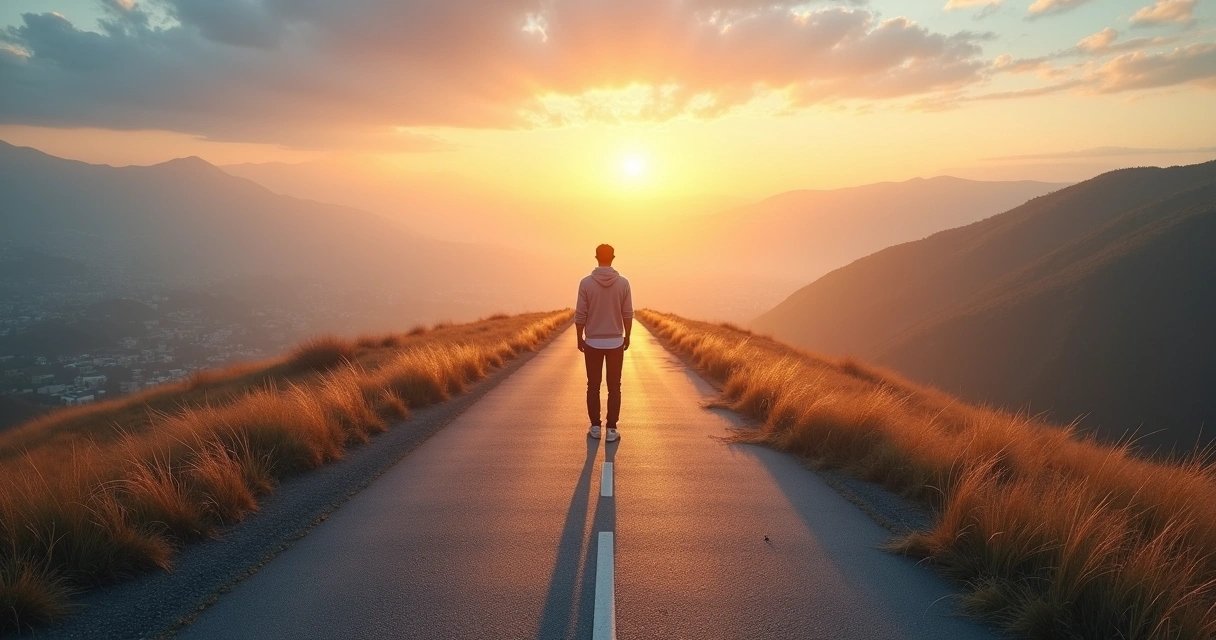 Pessoa em encruzilhada entre zona de conforto e mudança profunda 