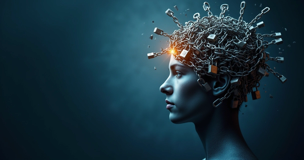 Mente humana dividida, mostrando bloqueios internos na forma de correntes quebradas 