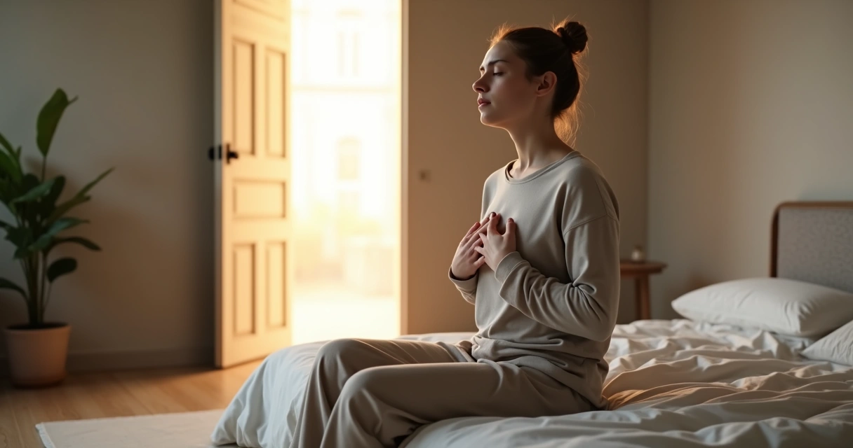 Pessoa sentada com mãos no peito percebendo tensão corporal diante de uma porta entreaberta 