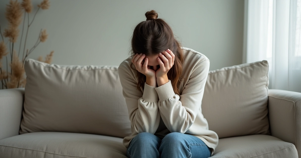 Pessoa sentada refletindo, mãos sobre o rosto, em ambiente tranquilo e neutro, transmitindo introspecção 