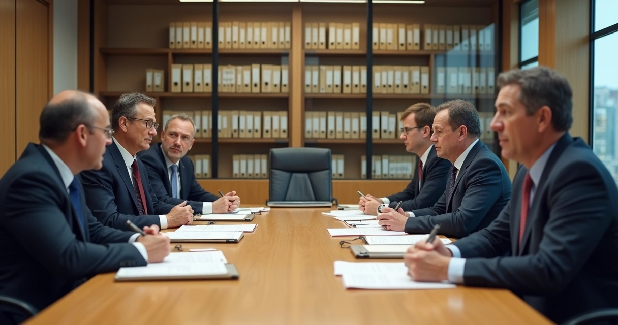 Reunião de equipe em sala de reunião com expressões sérias durante discussão de mudanças 