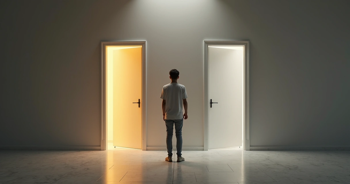 Pessoa diante de duas portas simbolizando resistência e escolha pela mudança 
