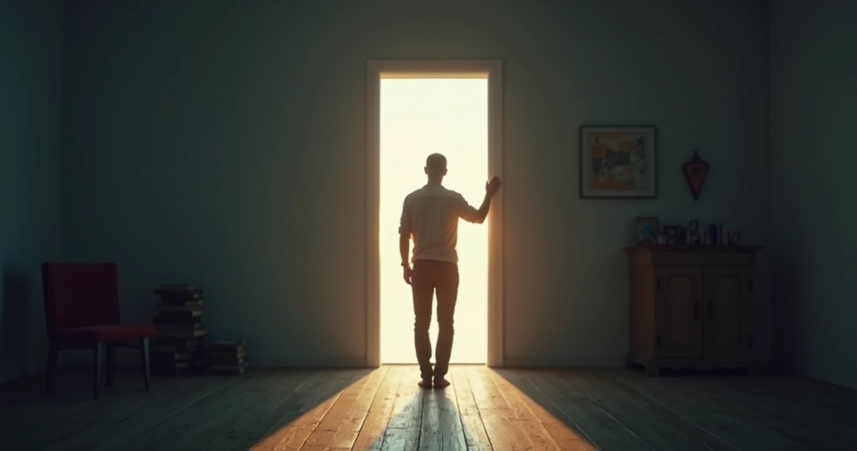 Pessoa em frente a porta luminosa simbolizando resistência à mudança interna 