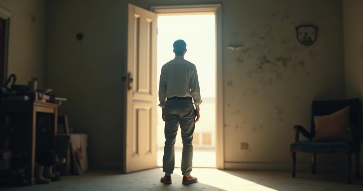 Pessoa diante de porta luminosa simbolizando mudança interna 