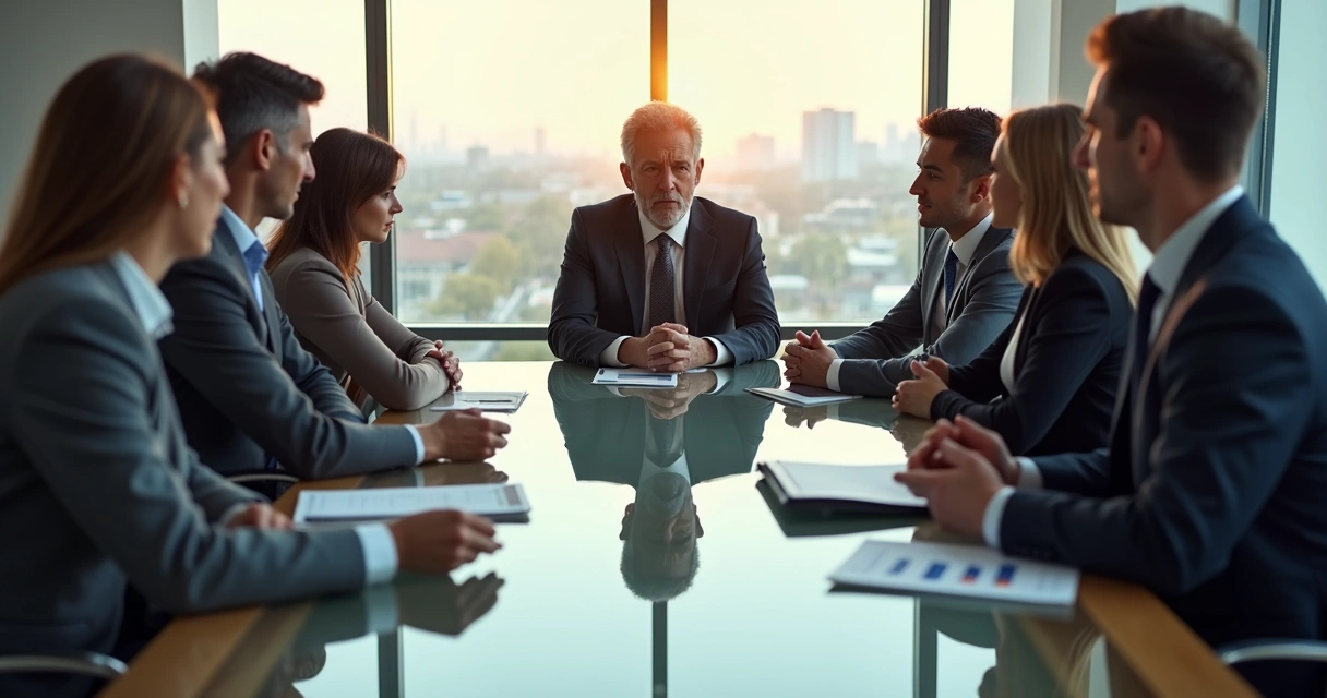 Equipe em reunião demonstrando tensão e resistência entre membros, com expressões fechadas e postura cruzada. 